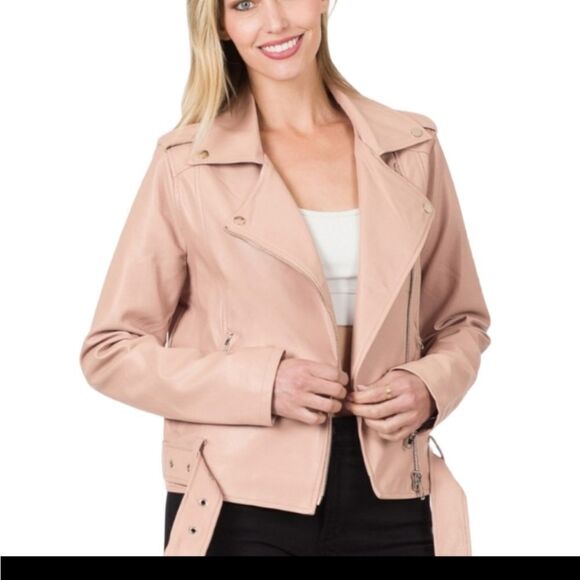 Pink Moto Jacket Silvertone Hardware Vegan Faux Leather sz L XL - Picture 2 of 3